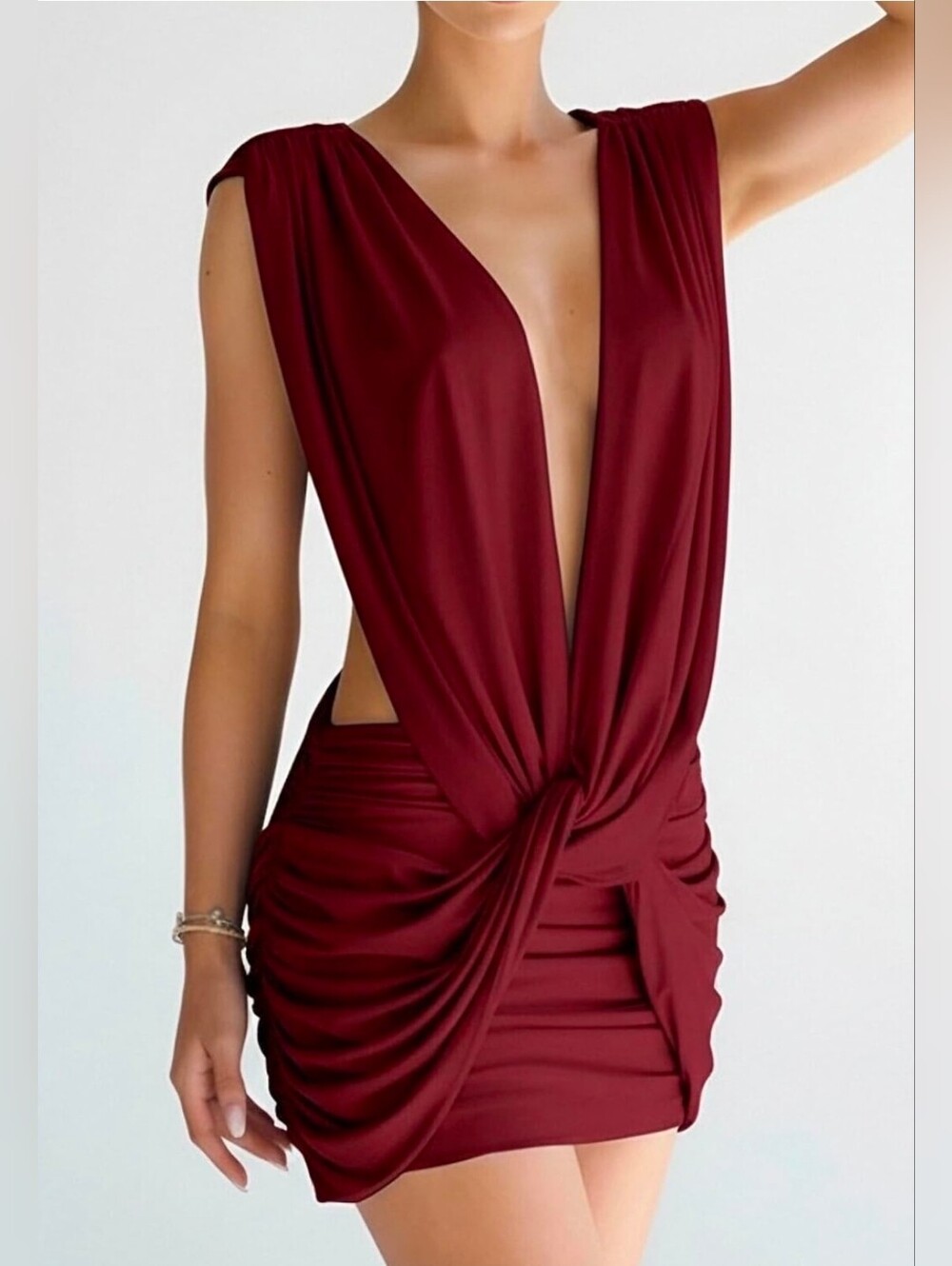 Wine Red Deep V Ruched Bodycon Mini Dress S NWOT